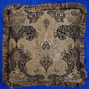 3 NOSV Pillow Covers 21x21" Gold, Silver Threaded Damask. Satin Back, Lux Fringe